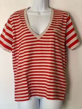 Ganni Striped V-Neck Logo T-Shirt